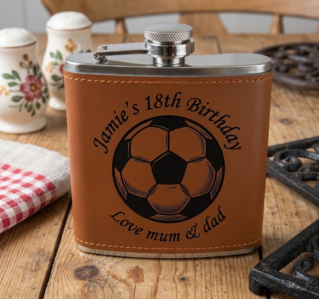 Personalised PU Tan Leather Hip Flask Gift Set with Funnel | Custom Engraved 6oz Steel
