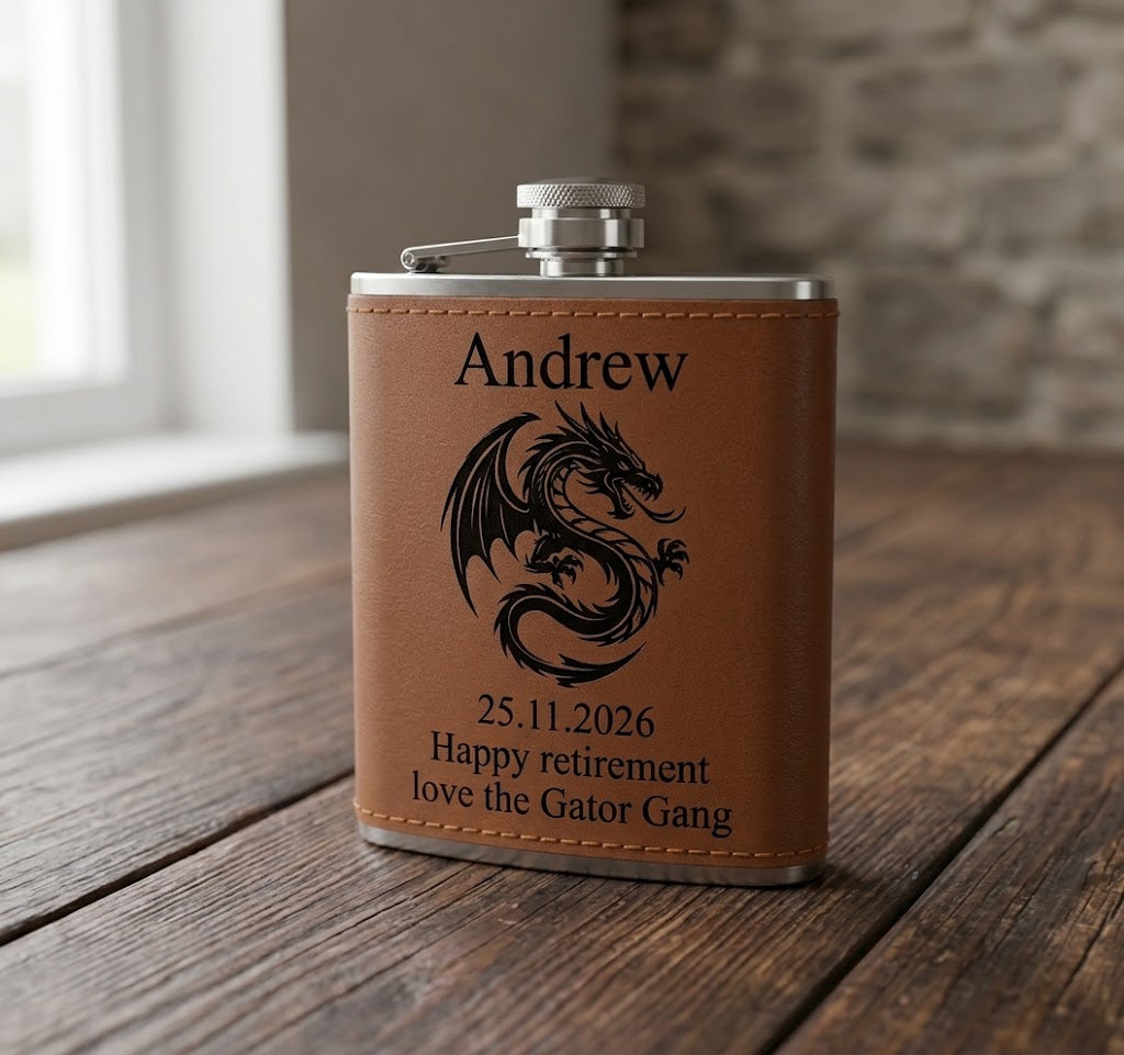 Personalised PU Tan Leather Hip Flask Gift Set with Funnel | Custom Engraved 6oz Steel