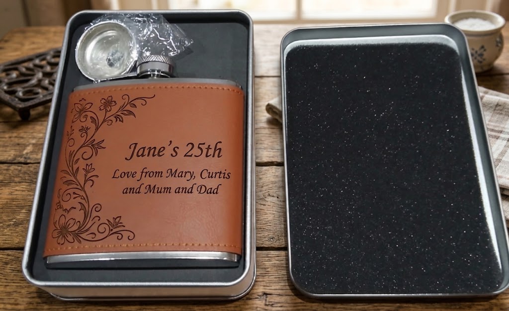 Personalised PU Tan Leather Hip Flask Gift Set with Funnel | Custom Engraved 6oz Steel