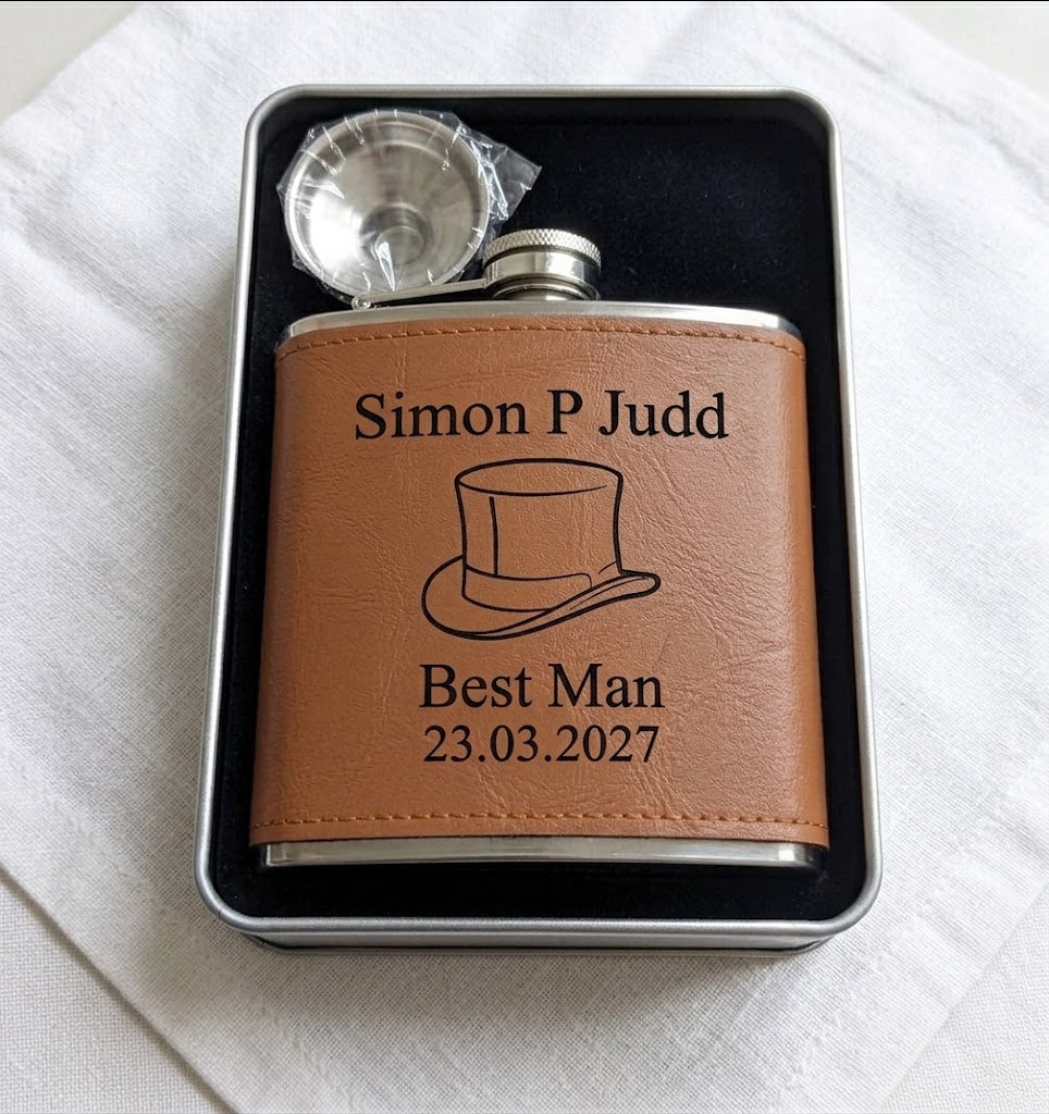 Personalised PU Tan Leather Hip Flask Gift Set with Funnel | Custom Engraved 6oz Steel
