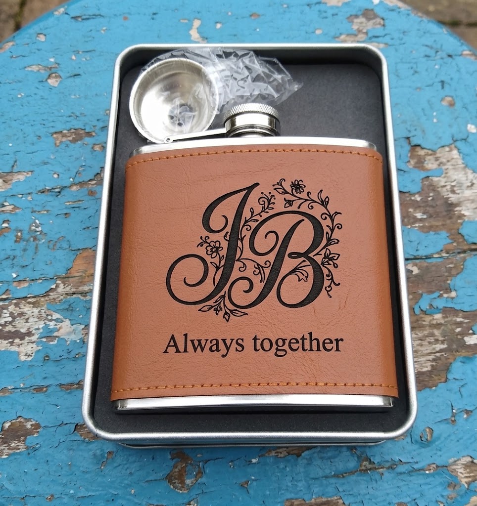 Personalised PU Tan Leather Hip Flask Gift Set with Funnel | Custom Engraved 6oz Steel