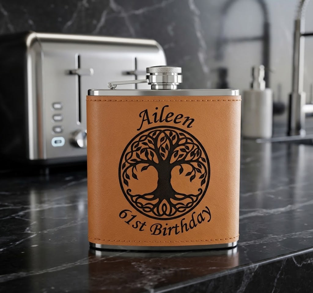 Personalised PU Tan Leather Hip Flask Gift Set with Funnel | Custom Engraved 6oz Steel