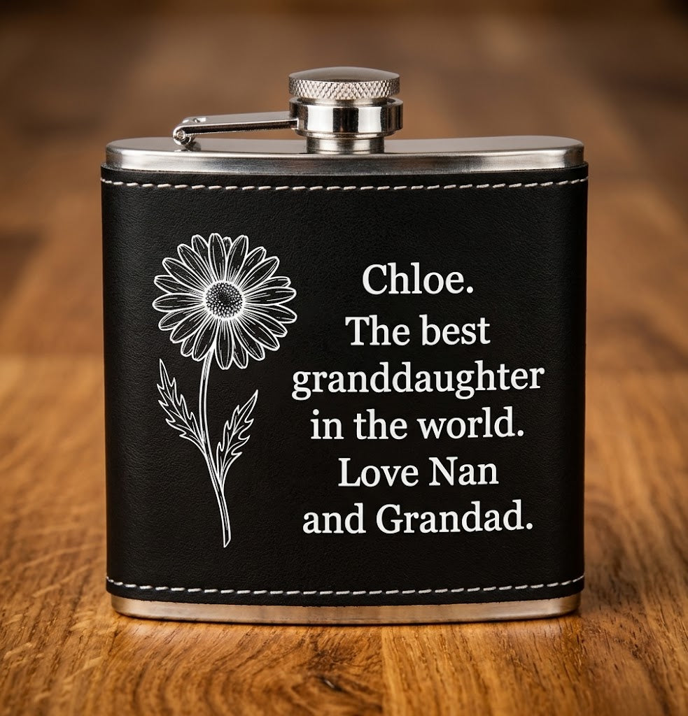 H & B Thanet  Personalised Black Leather Hip Flask Gift Set with Funnel | Custom Engraved 6oz Steel