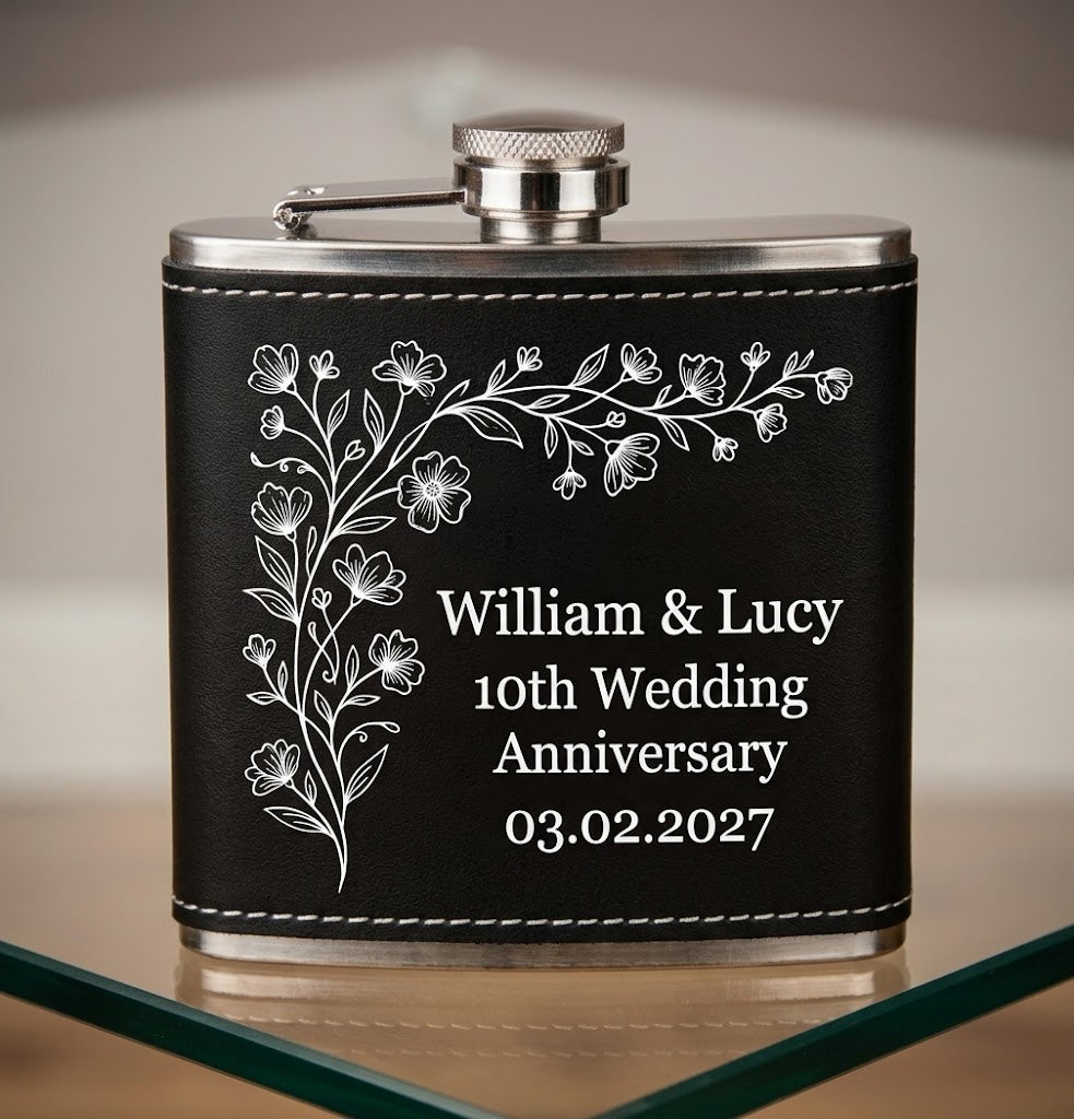 H & B Thanet  Personalised Black Leather Hip Flask Gift Set with Funnel | Custom Engraved 6oz Steel