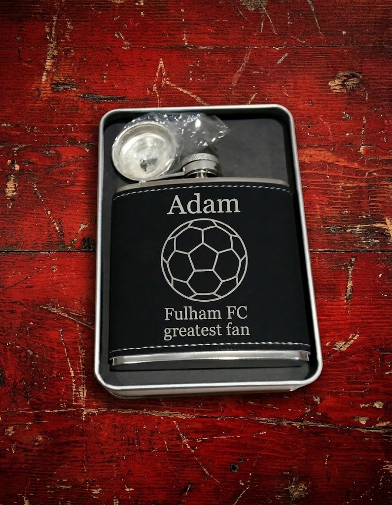 H & B Thanet  Personalised Black Leather Hip Flask Gift Set with Funnel | Custom Engraved 6oz Steel
