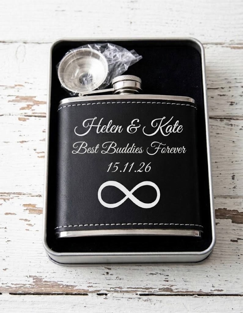 H & B Thanet  Personalised Black Leather Hip Flask Gift Set with Funnel | Custom Engraved 6oz Steel