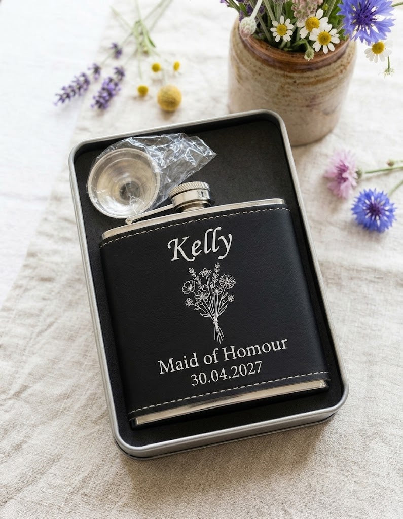 H & B Thanet  Personalised Black Leather Hip Flask Gift Set with Funnel | Custom Engraved 6oz Steel
