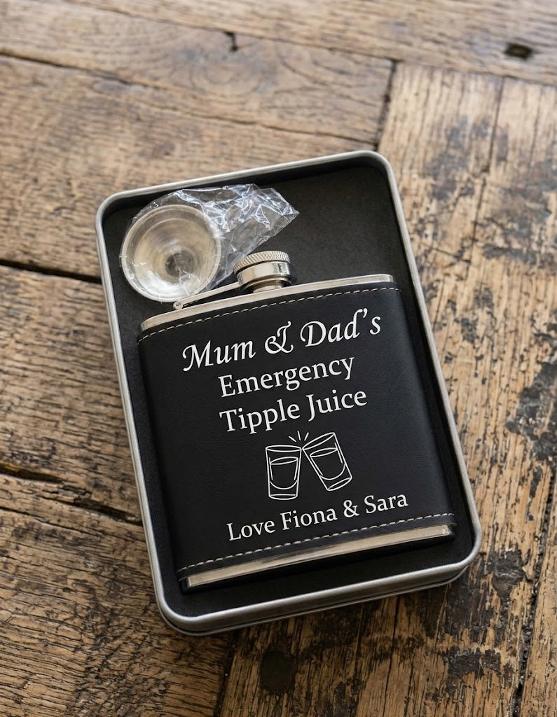 H & B Thanet  Personalised Black Leather Hip Flask Gift Set with Funnel | Custom Engraved 6oz Steel