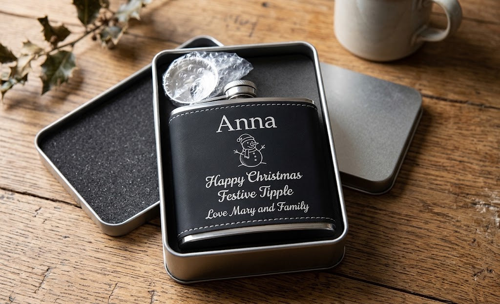 H & B Thanet  Personalised Black Leather Hip Flask Gift Set with Funnel | Custom Engraved 6oz Steel
