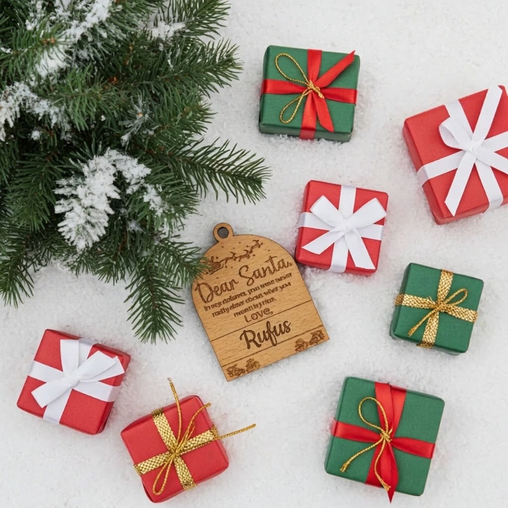 Personalised Wooden Christmas Tree Ornaments, Set of 3 | Dear Santa Wooden Baubles with Red Cord | Handmade by H&B Thanet