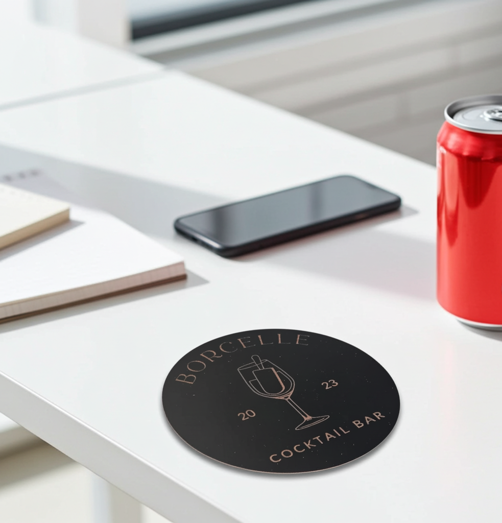 20 Round, Black Wood Coasters, anti-skid feet. Any Text, Font. (Business or Personal).