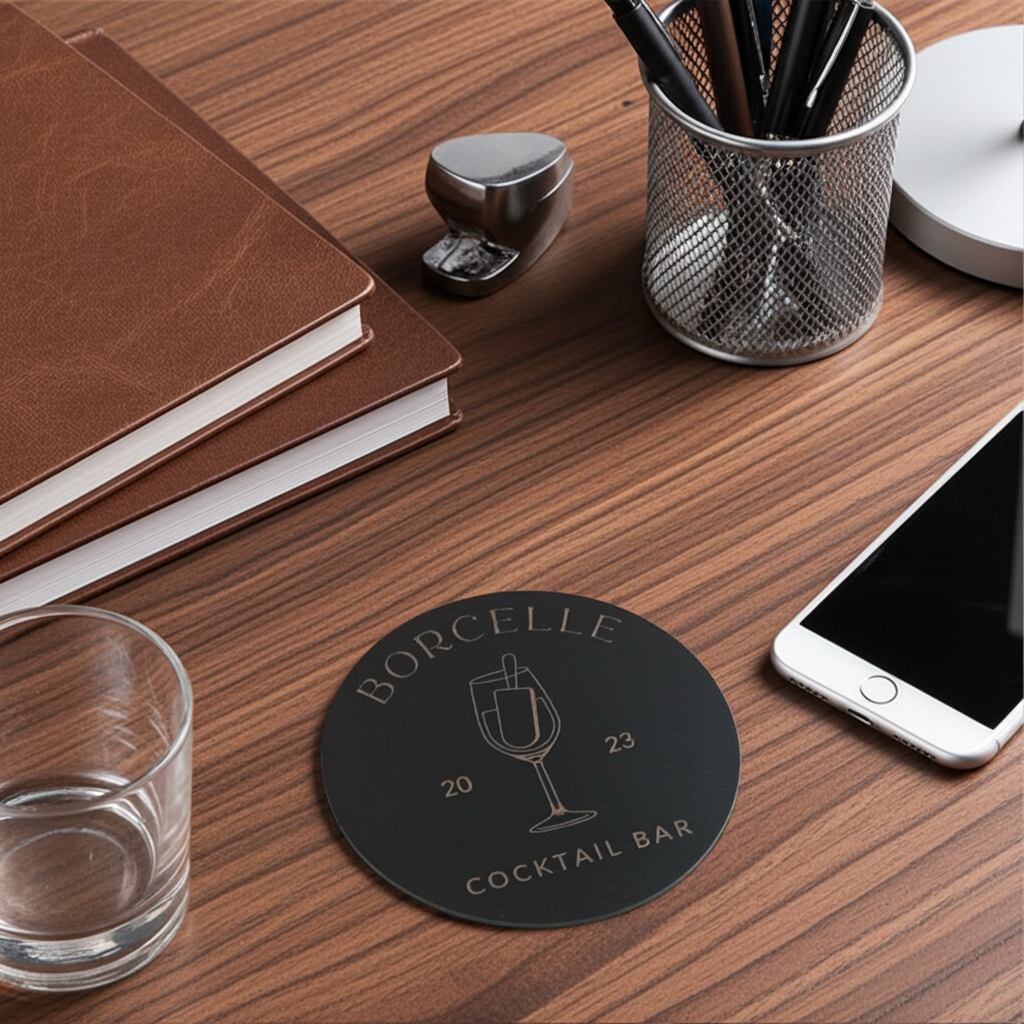 20 Round, Black Wood Coasters, anti-skid feet. Any Text, Font. (Business or Personal).