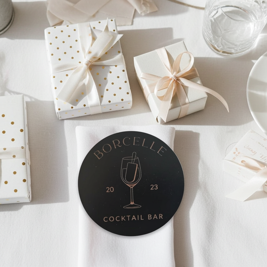 20 Round, Black Wood Coasters, anti-skid feet. Any Text, Font. (Business or Personal).