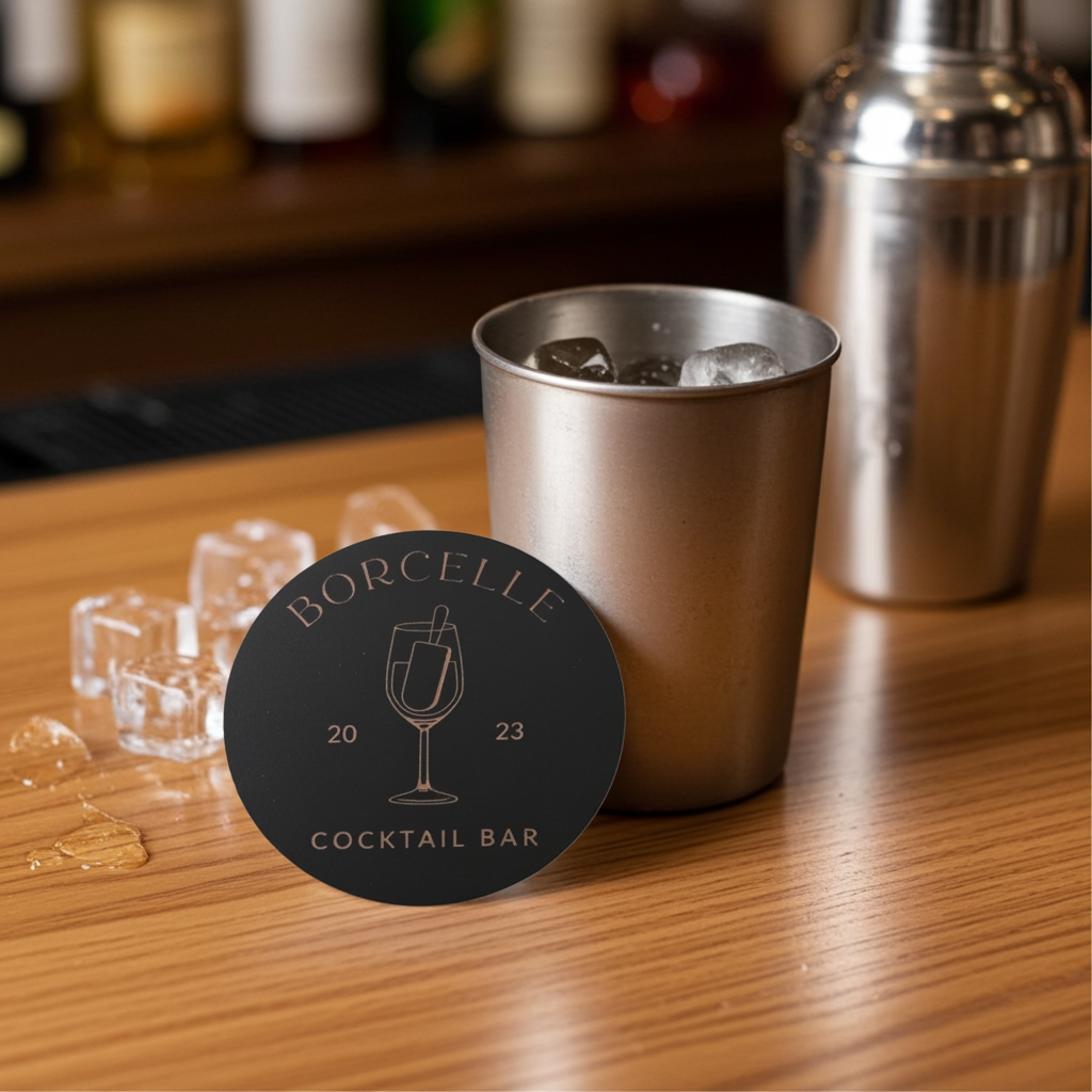 20 Round, Black Wood Coasters, anti-skid feet. Any Text, Font. (Business or Personal).