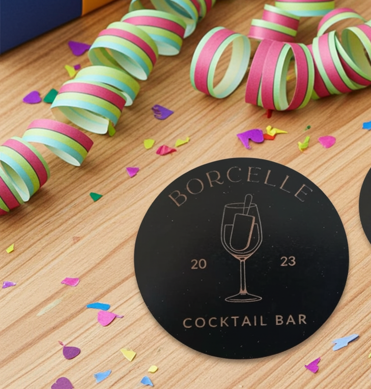 20 Round, Black Wood Coasters, anti-skid feet. Any Text, Font. (Business or Personal).