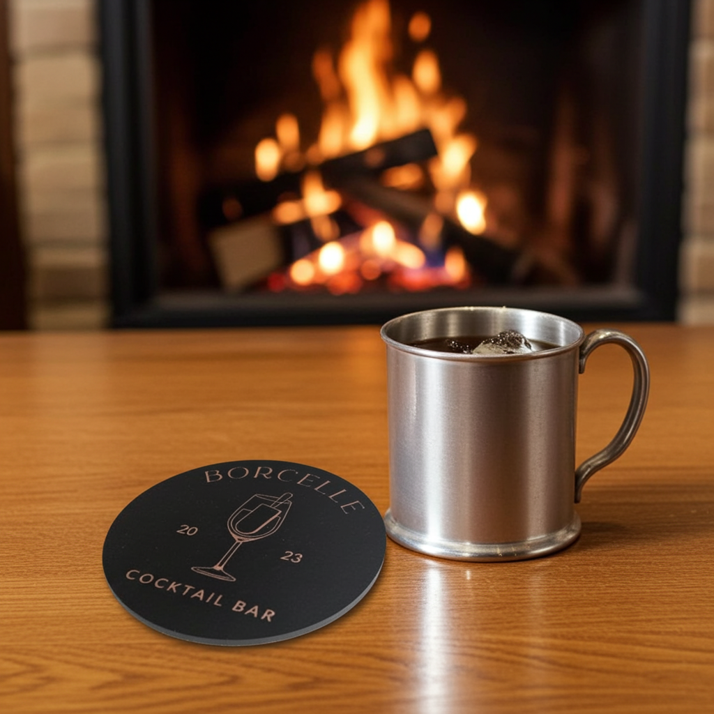 20 Round, Black Wood Coasters, anti-skid feet. Any Text, Font. (Business or Personal).