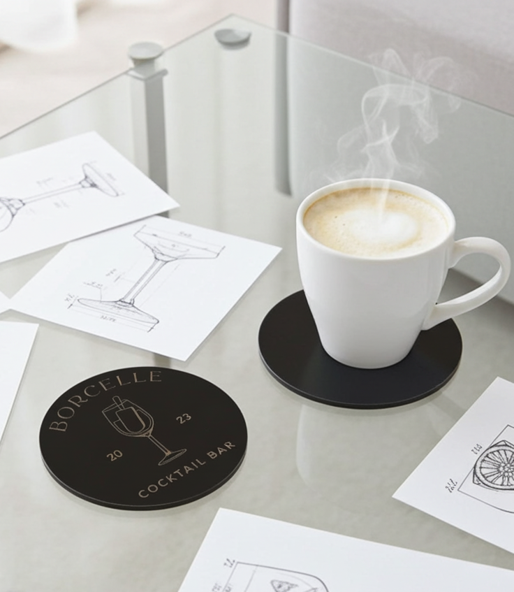 20 Round, Black Wood Coasters, anti-skid feet. Any Text, Font. (Business or Personal).