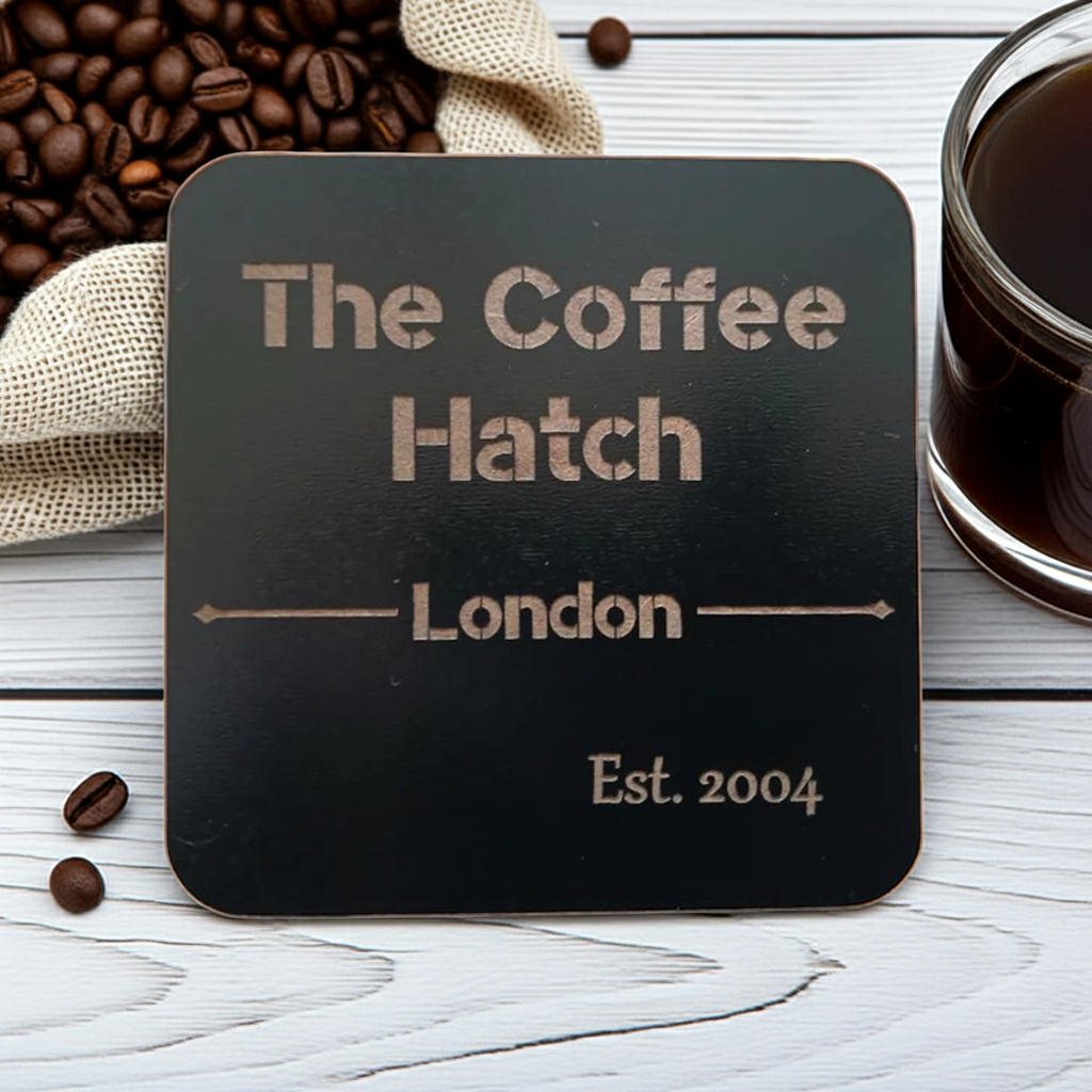 20 Square, Black Wood Coasters, anti-skid feet. Any Text, Font. (Business or Personal).
