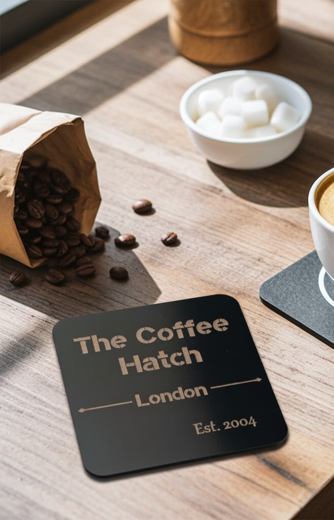 20 Square, Black Wood Coasters, anti-skid feet. Any Text, Font. (Business or Personal).