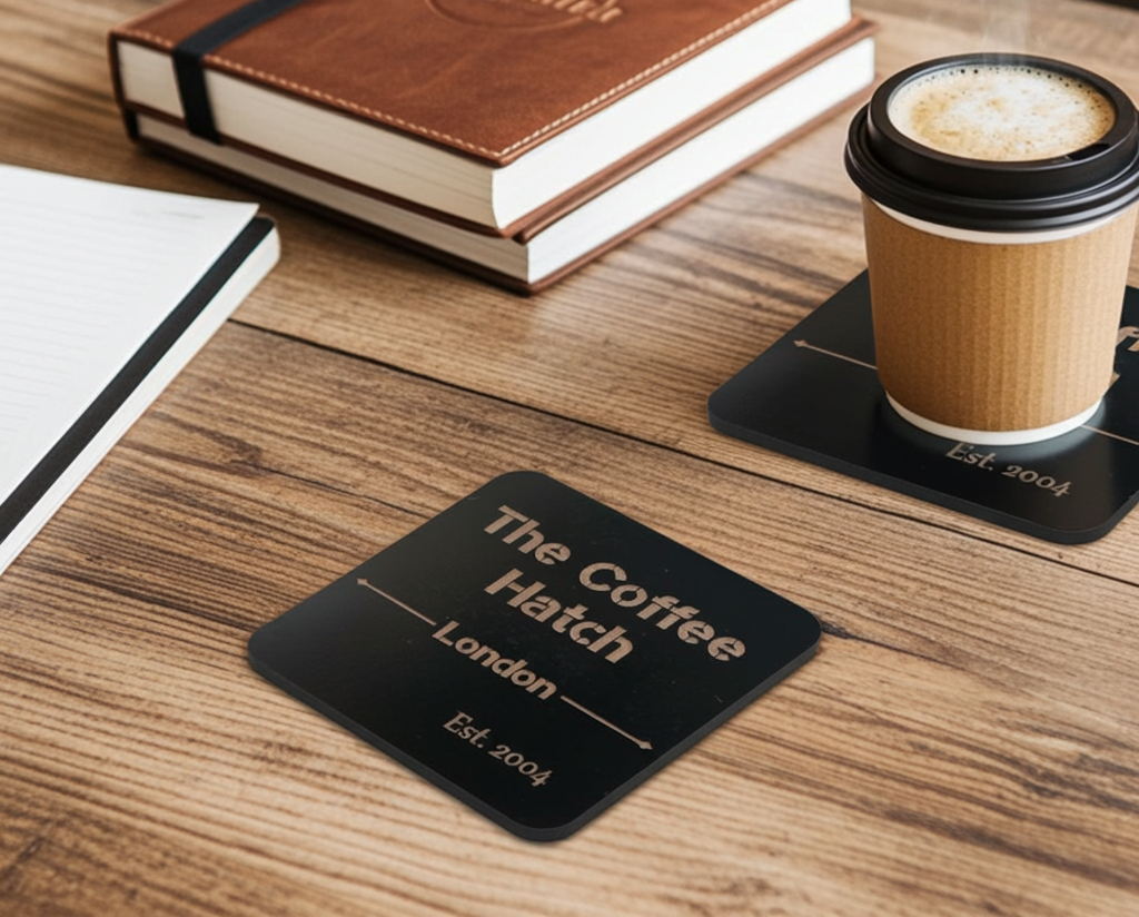 20 Square, Black Wood Coasters, anti-skid feet. Any Text, Font. (Business or Personal).