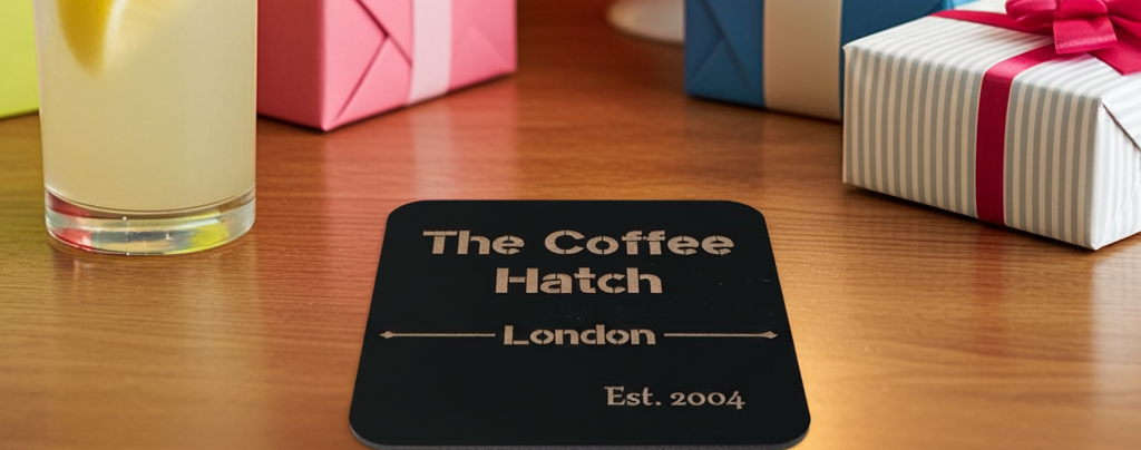 20 Square, Black Wood Coasters, anti-skid feet. Any Text, Font. (Business or Personal).