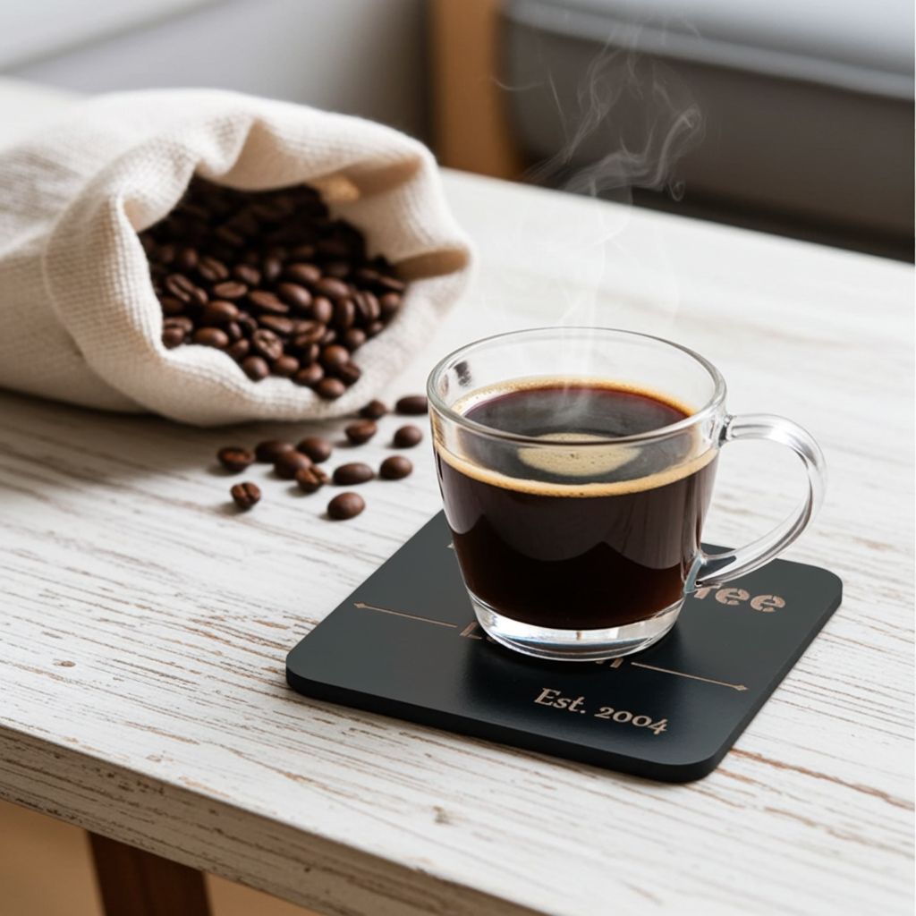 20 Square, Black Wood Coasters, anti-skid feet. Any Text, Font. (Business or Personal).