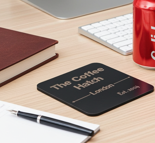 20 Square, Black Wood Coasters, anti-skid feet. Any Text, Font. (Business or Personal).