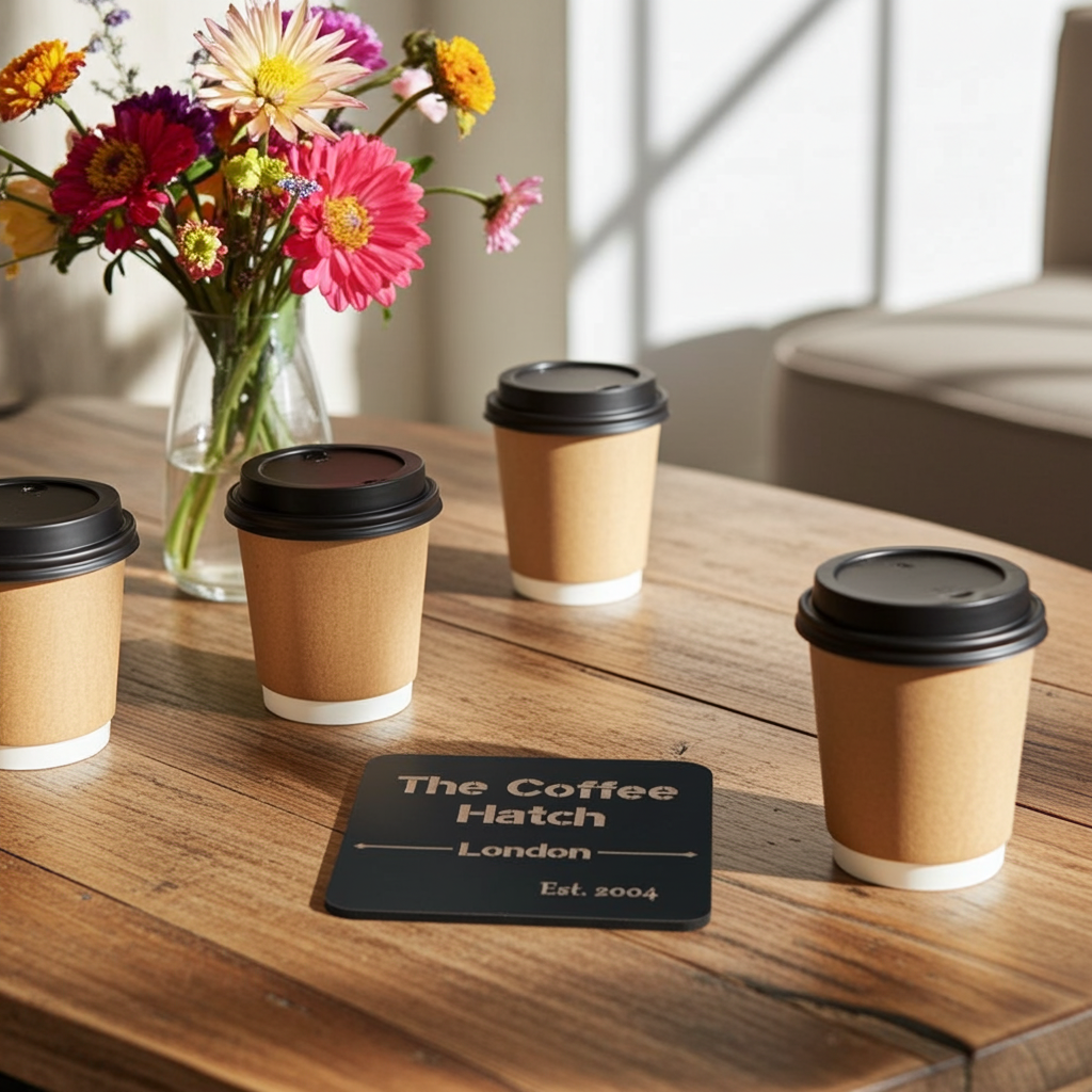 20 Square, Black Wood Coasters, anti-skid feet. Any Text, Font. (Business or Personal).