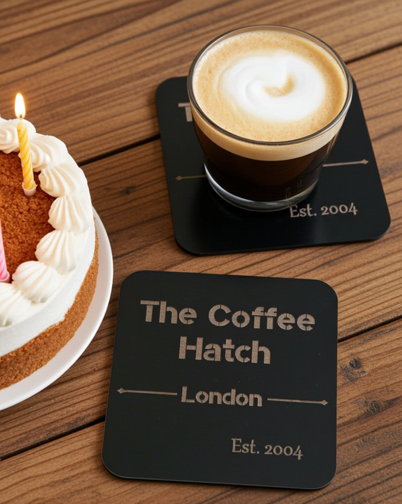 20 Square, Black Wood Coasters, anti-skid feet. Any Text, Font. (Business or Personal).