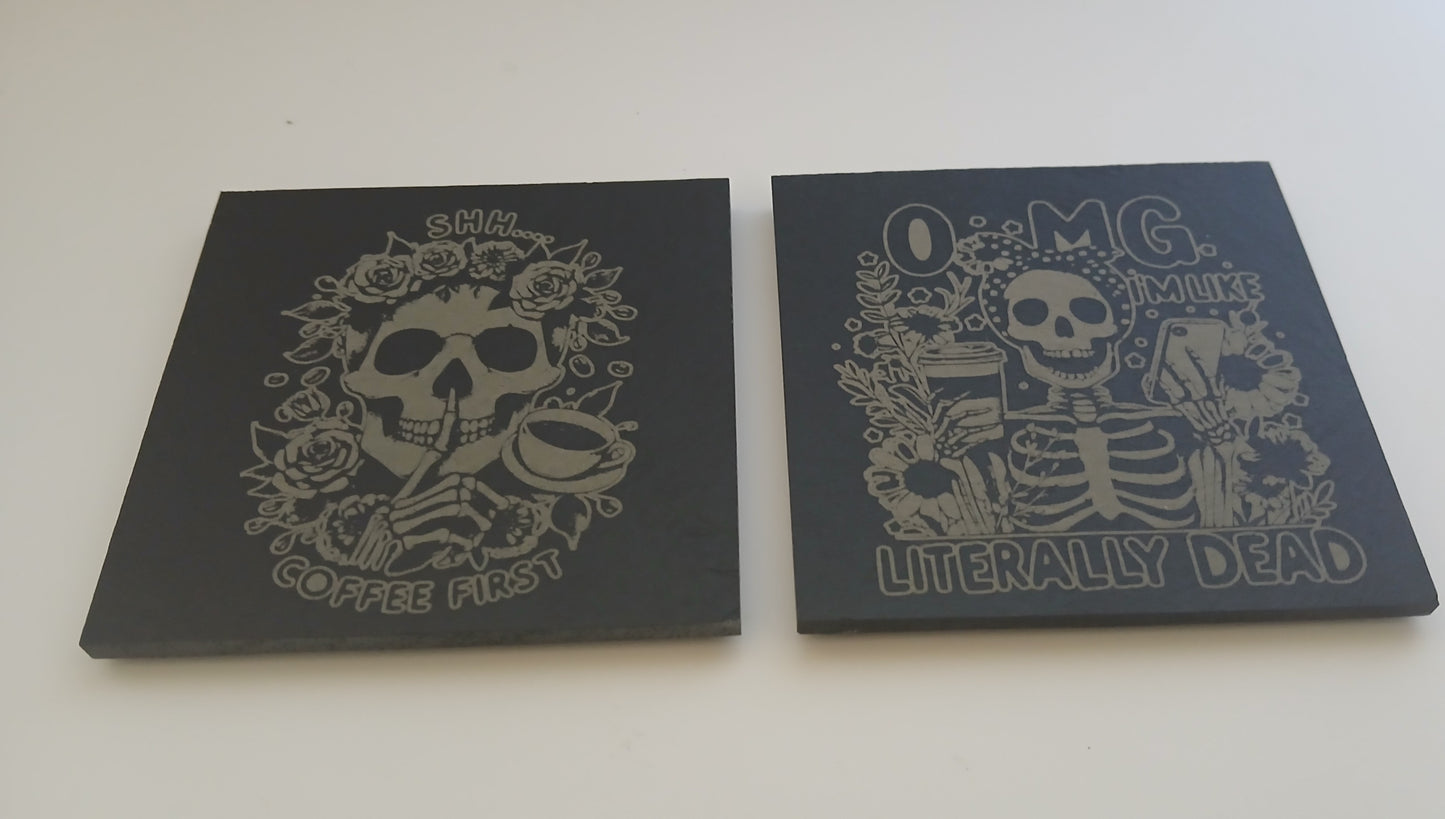 Macabre / Halloween Natural Slate Coasters. ( set of 4 with 2 designs)