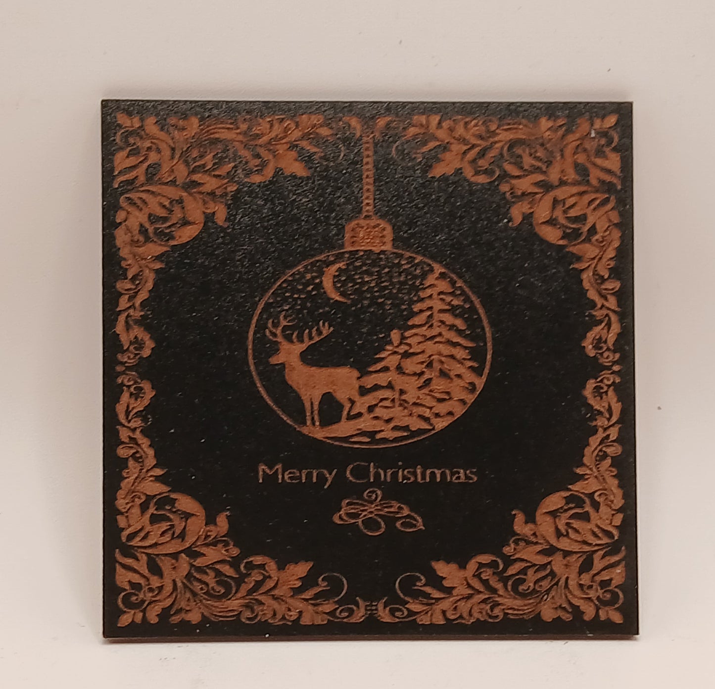 Set of 6 Stylish Wood Christmas Coasters, on black. 9.5cm x9.5cm.