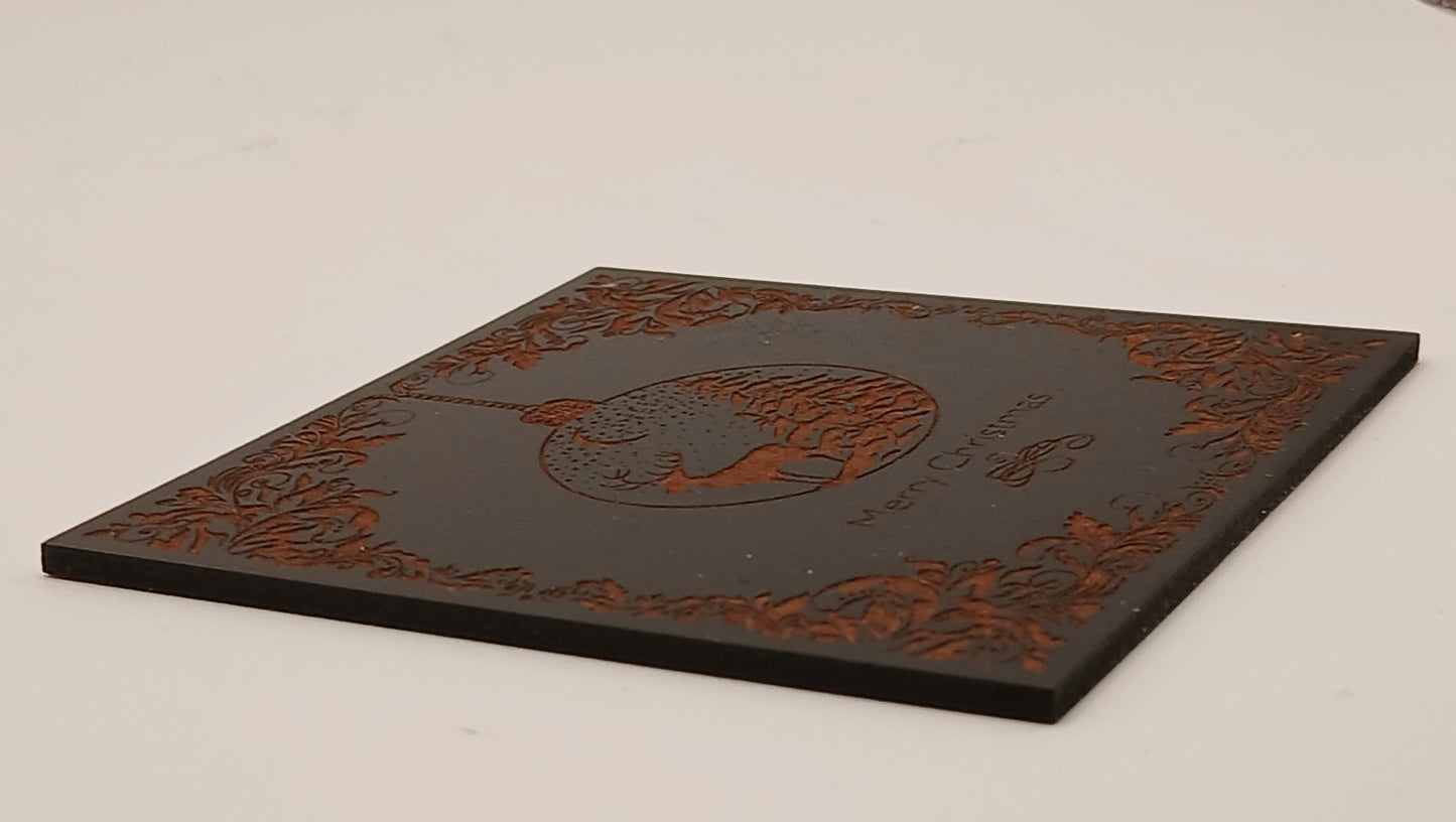 Set of 6 Stylish Wood Christmas Coasters, on black. 9.5cm x9.5cm.