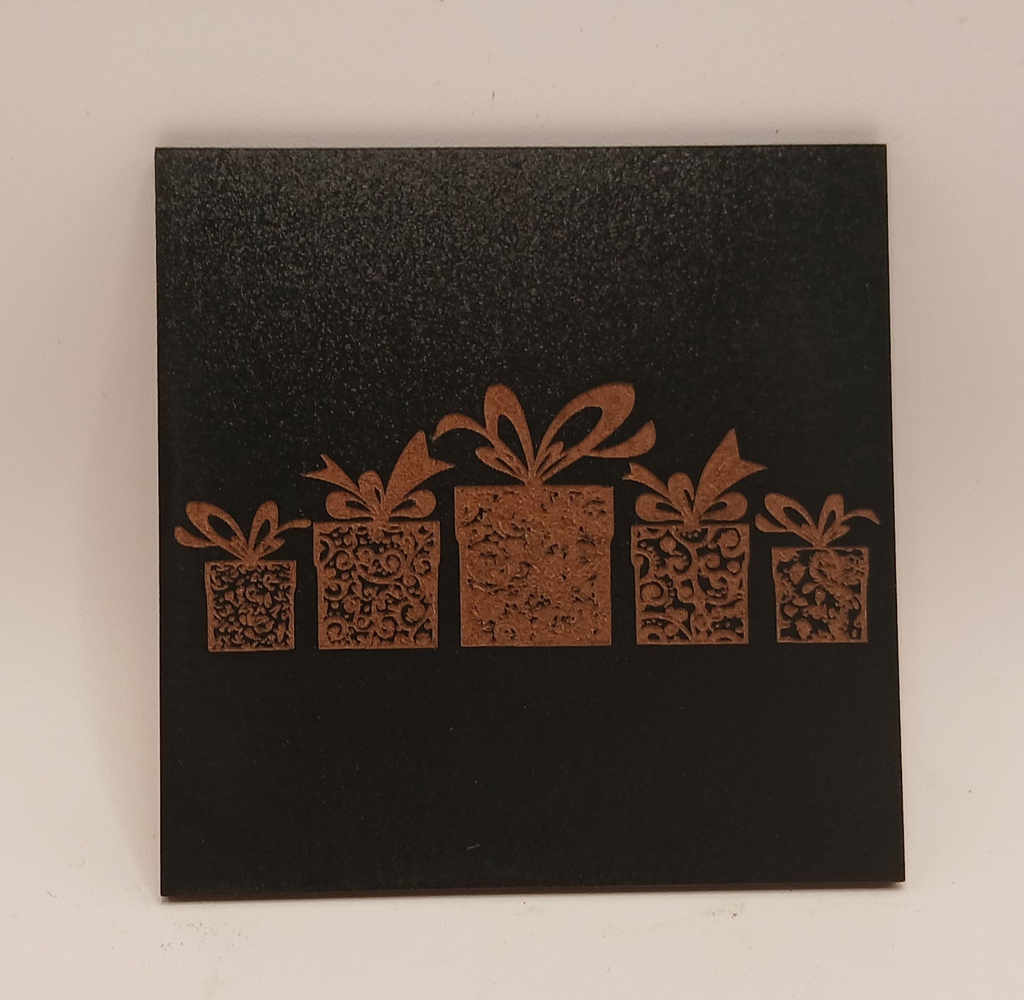 Set of 6 Stylish Wood Christmas Coasters, on black. 9.5cm x9.5cm.