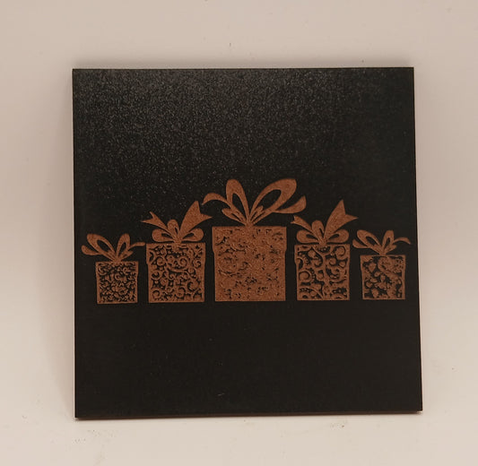 Set of 6 Stylish Wood Christmas Coasters, on black. 9.5cm x9.5cm.