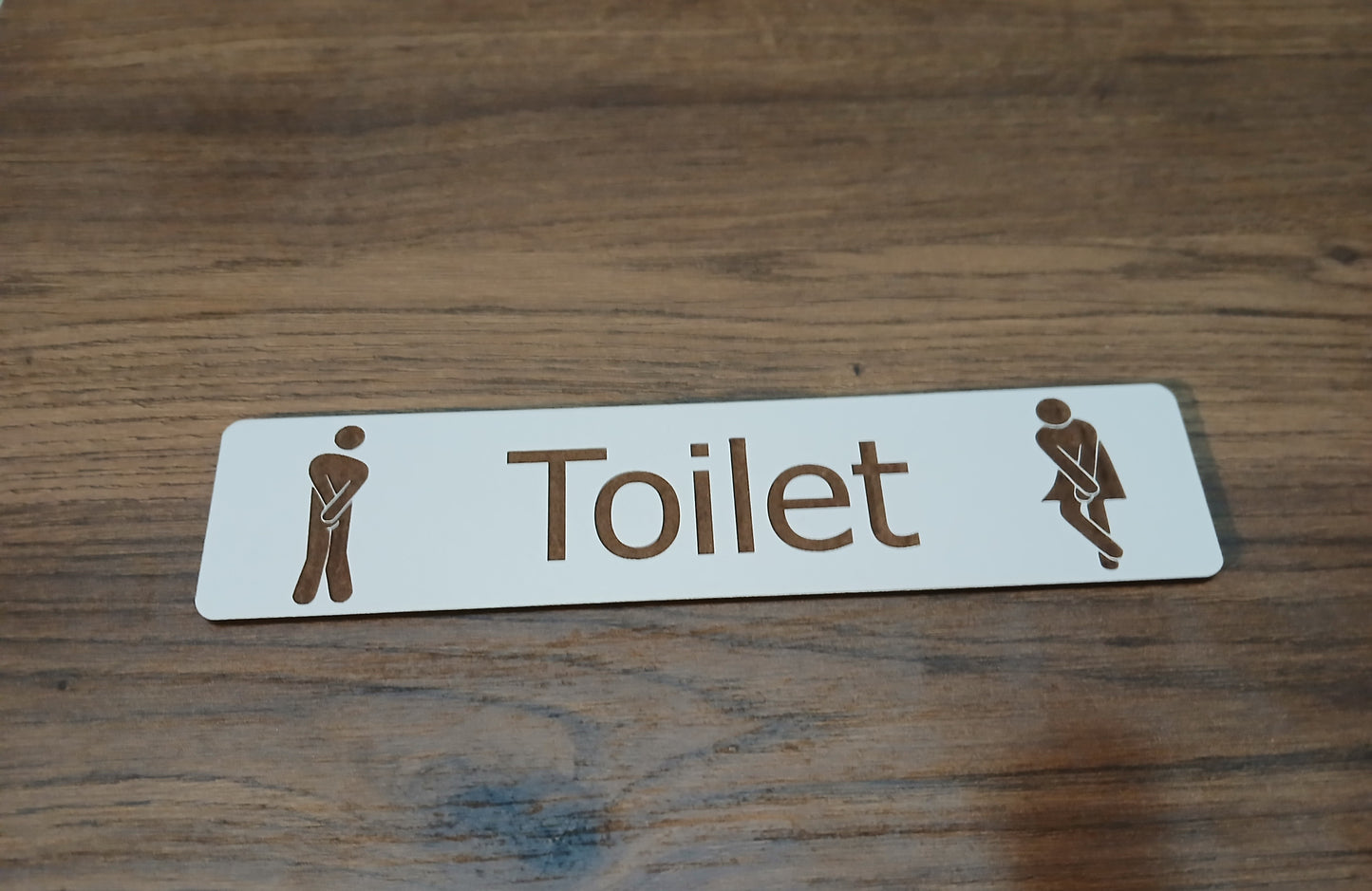 Funny Toilet Door Sign. White Wood Collection, comes with adhesive backing.