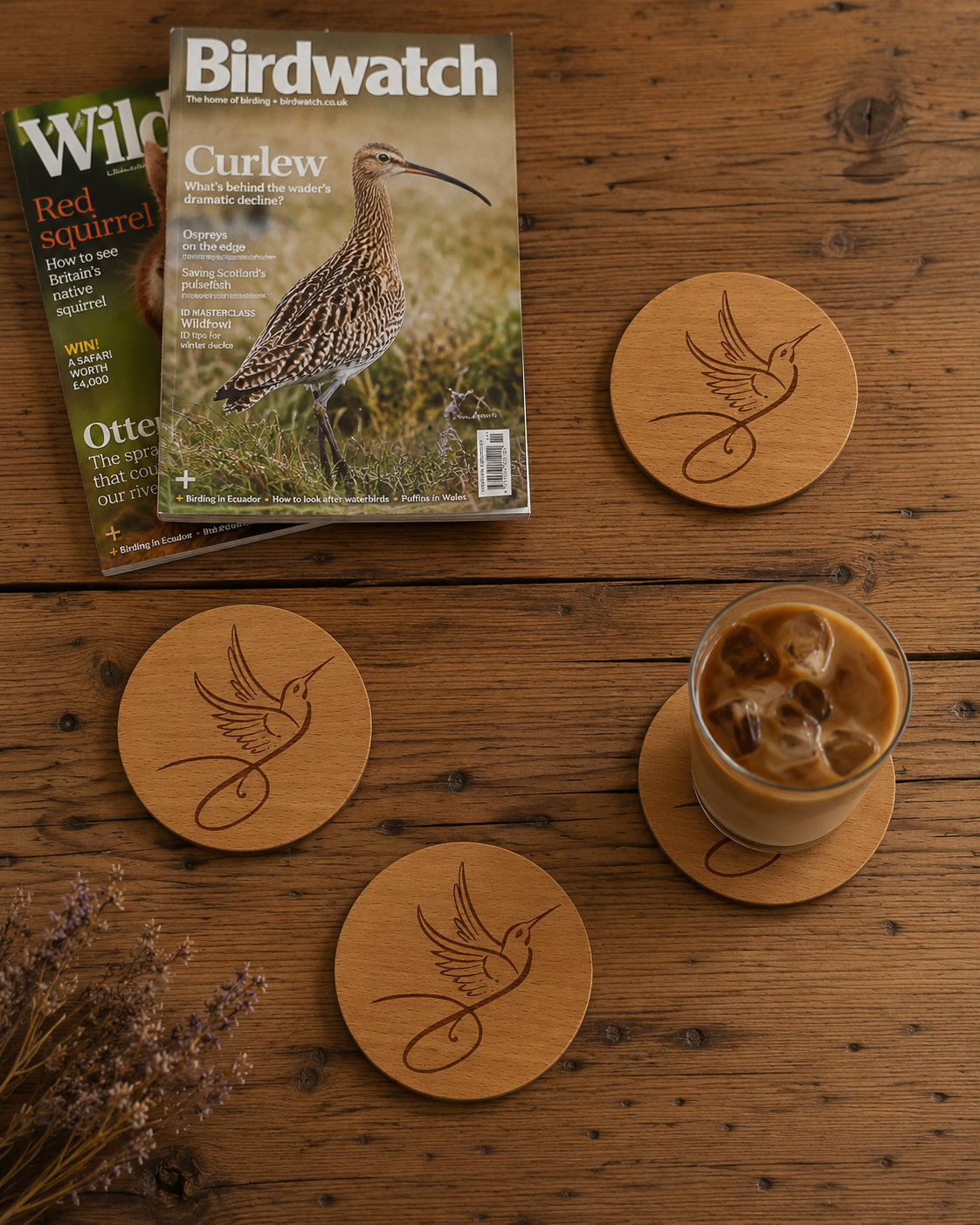 Set of 6, Steamed Beech Drink Coasters with a Sleek Bird Engraving, with Bumper Feet.