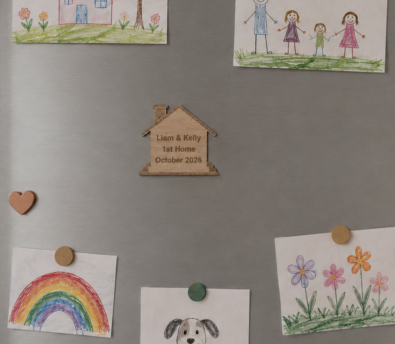 Personalised Wooden House Fridge Magnet - Steamed Beech Wood Custom Family Gift (70mm x 70mm)