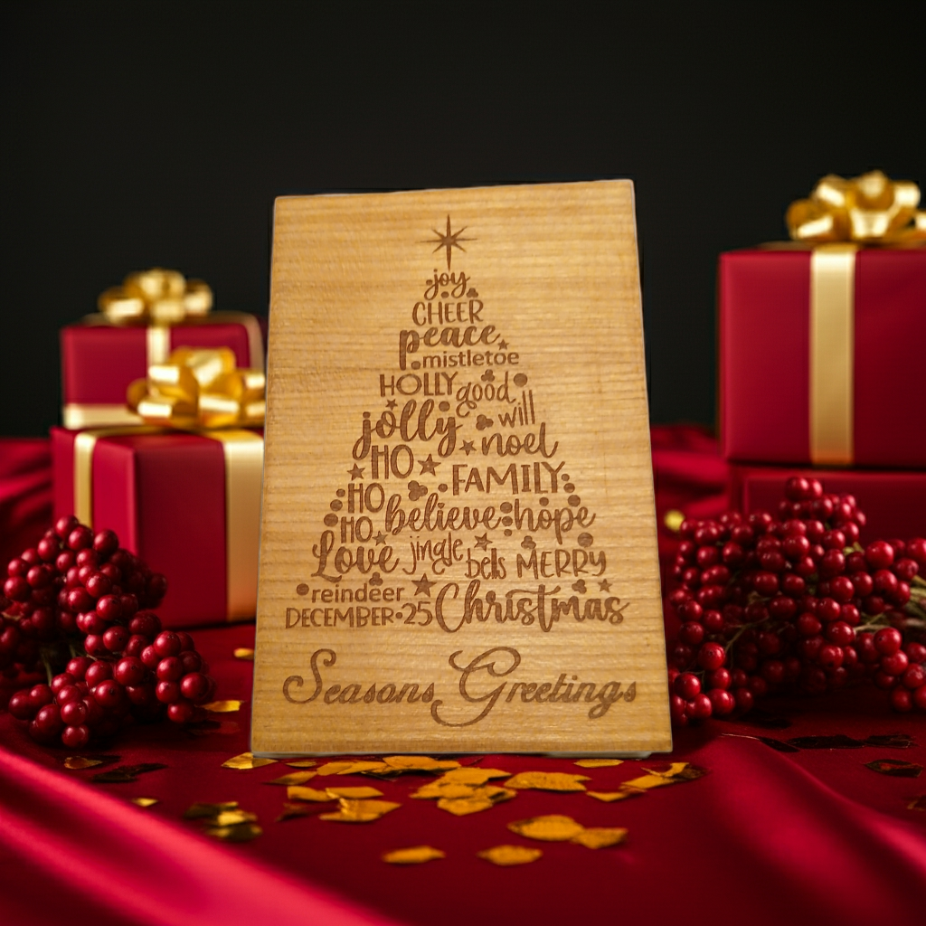 Personalised Steamed Beech Wood, Christmas Plaque, / Card. Any font and Text on back.