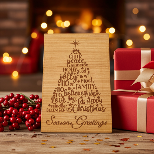 Personalised Steamed Beech Wood, Christmas Plaque, / Card. Any font and Text on back.