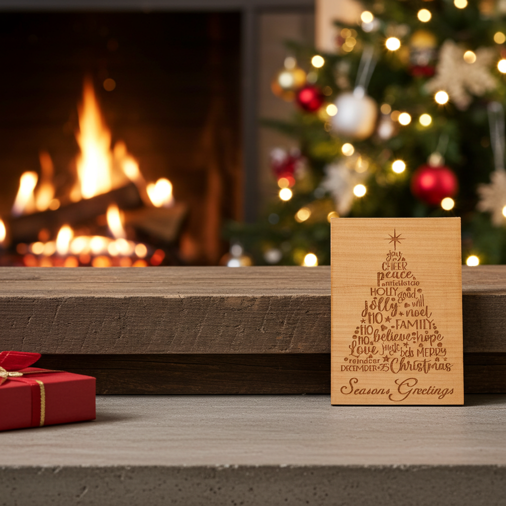 Personalised Steamed Beech Wood, Christmas Plaque, / Card. Any font and Text on back.