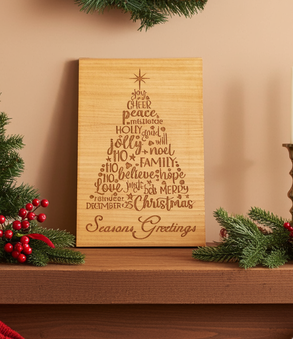 Personalised Steamed Beech Wood, Christmas Plaque, / Card. Any font and Text on back.