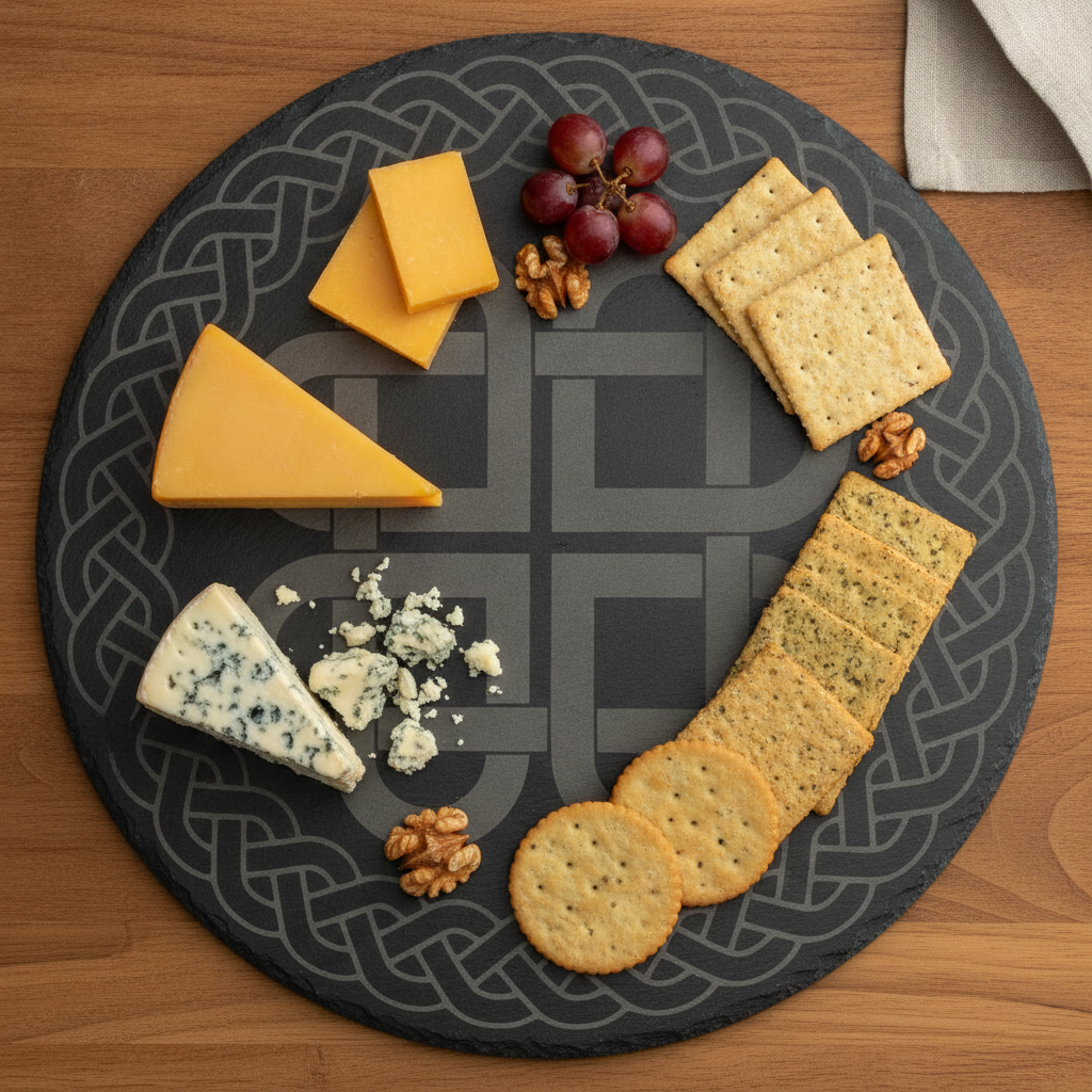 30cm Round Slate Serving Platter | Detailed Celtic Engraving, Non-Slip Rubber Feet | Cheese Board & Table Centrepiece Display. Weatherproofed.