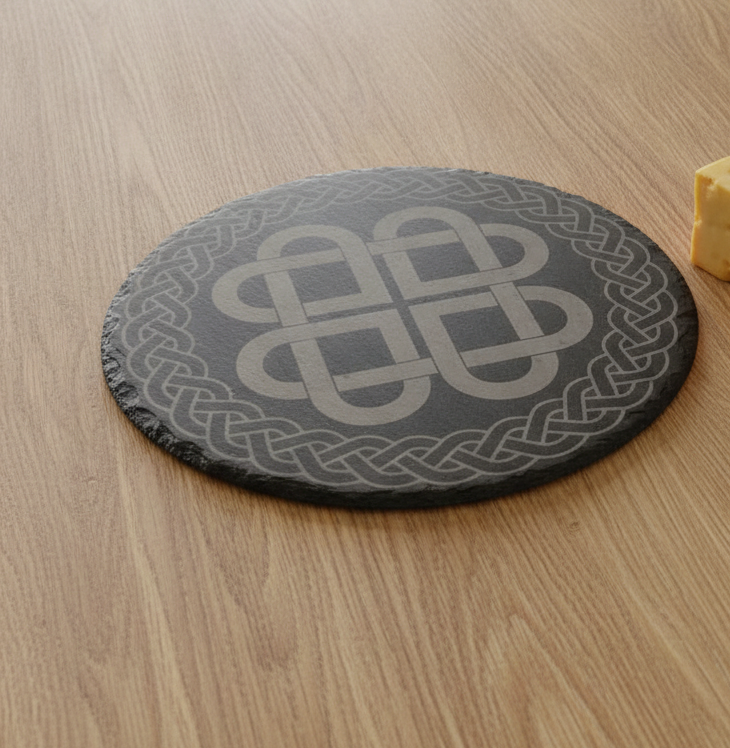 30cm Round Slate Serving Platter | Detailed Celtic Engraving, Non-Slip Rubber Feet | Cheese Board & Table Centrepiece Display. Weatherproofed.