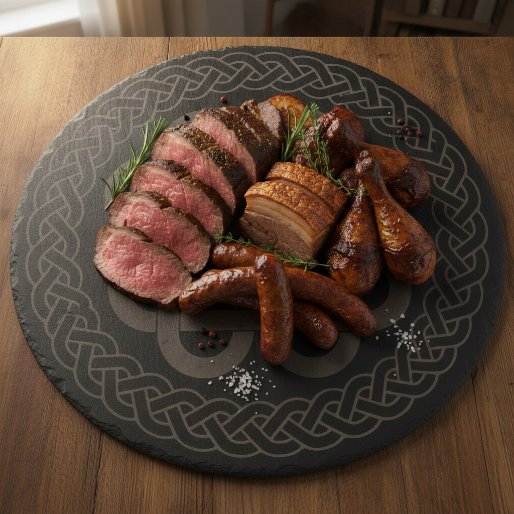 30cm Round Slate Serving Platter | Detailed Celtic Engraving, Non-Slip Rubber Feet | Cheese Board & Table Centrepiece Display. Weatherproofed.