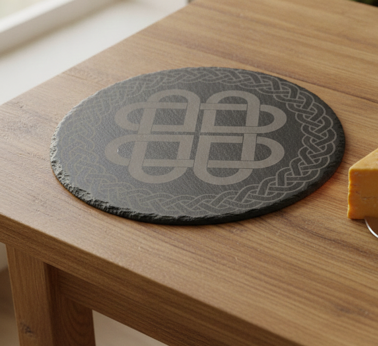 30cm Round Slate Serving Platter | Detailed Celtic Engraving, Non-Slip Rubber Feet | Cheese Board & Table Centrepiece Display. Weatherproofed.