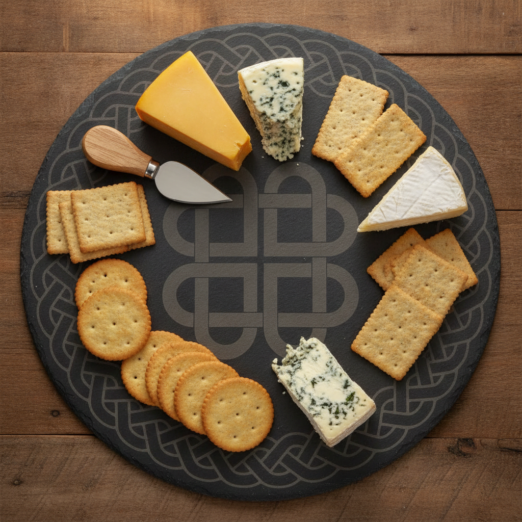 30cm Round Slate Serving Platter | Detailed Celtic Engraving, Non-Slip Rubber Feet | Cheese Board & Table Centrepiece Display. Weatherproofed.