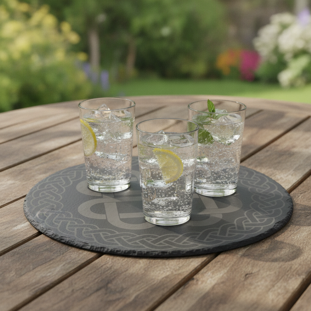 30cm Round Slate Serving Platter | Detailed Celtic Engraving, Non-Slip Rubber Feet | Cheese Board & Table Centrepiece Display. Weatherproofed.