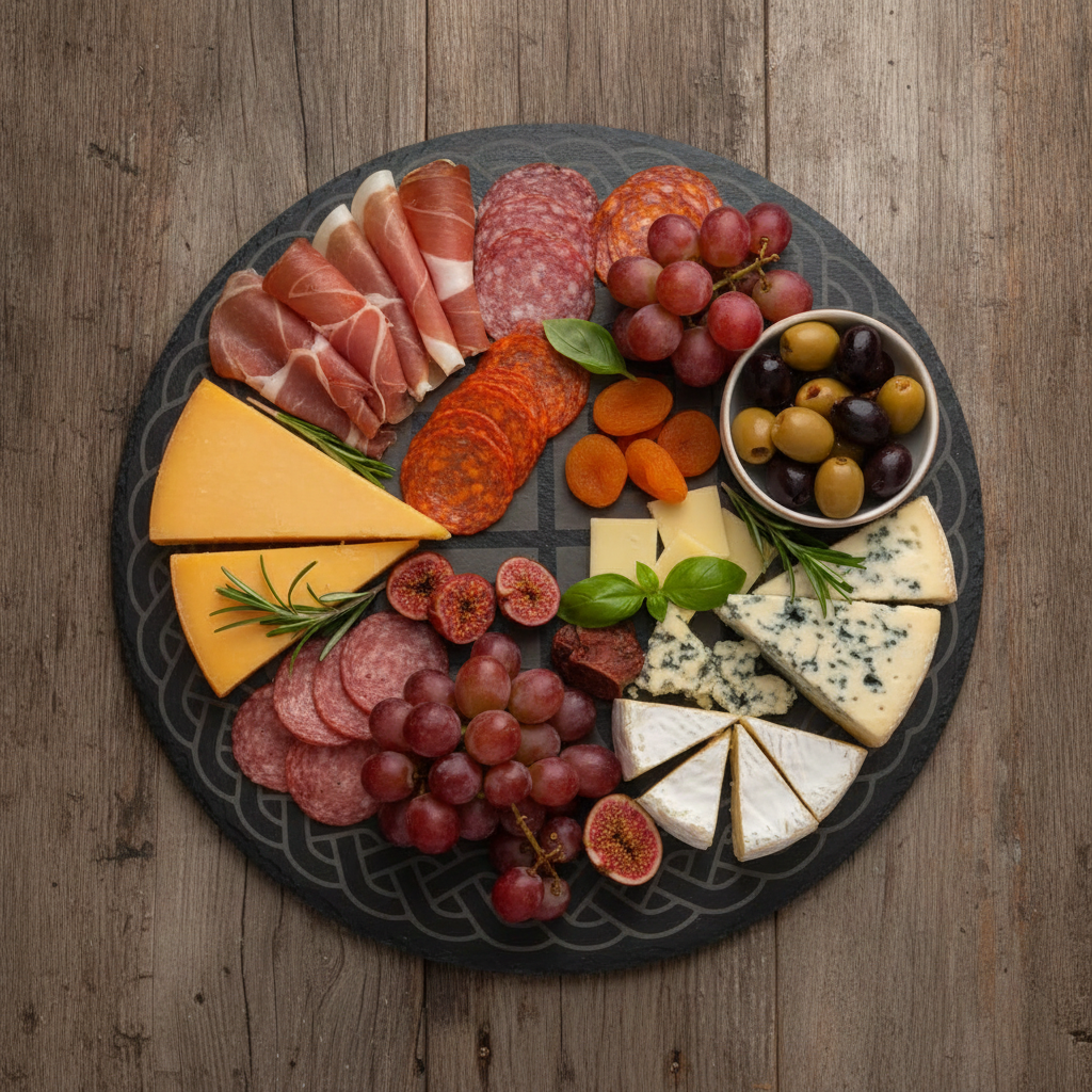 30cm Round Slate Serving Platter | Detailed Celtic Engraving, Non-Slip Rubber Feet | Cheese Board & Table Centrepiece Display. Weatherproofed.