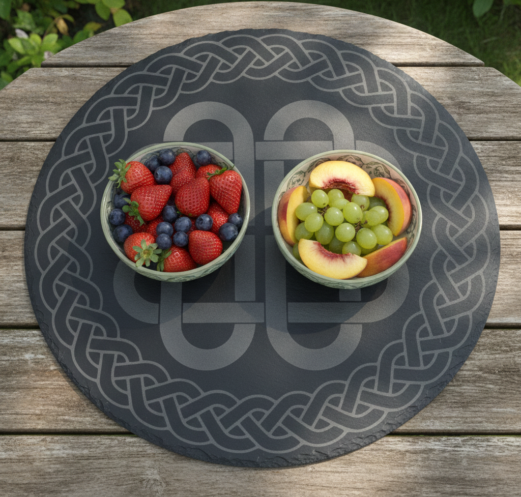 30cm Round Slate Serving Platter | Detailed Celtic Engraving, Non-Slip Rubber Feet | Cheese Board & Table Centrepiece Display. Weatherproofed.