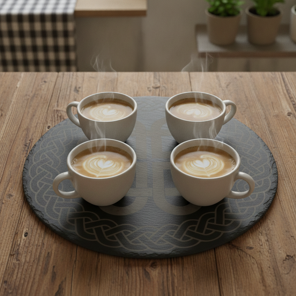 30cm Round Slate Serving Platter | Detailed Celtic Engraving, Non-Slip Rubber Feet | Cheese Board & Table Centrepiece Display. Weatherproofed.